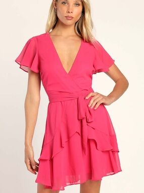 NWT Lulu's Fuchsia Ruffle Wrap Mini Dress Size L Party Going Out Formal Y2K